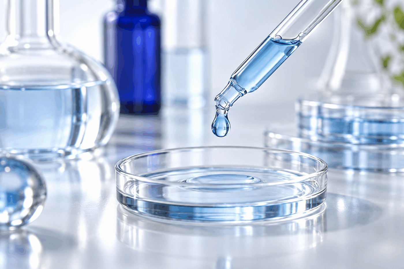 Blue serum dispensed from a dropper